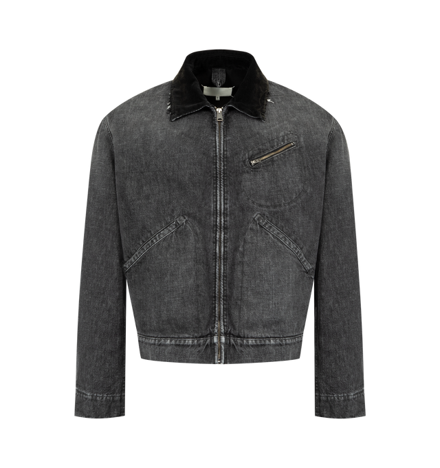 Image 1 of 5 - BLACK - MAISON MARGIELA Cotton Denim Workwear Zip Jacket featuring hidden front zip closure, 3-pocket design, buttoned cuffs, corduroy collar with fringe trim and midweight denim. 100% cotton. Made in Italy.