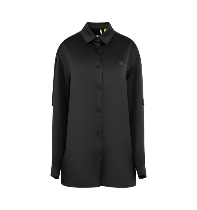 Image 1 of 3 - BLACK - Moncler x EE72 by Edward Enninful Satin Shirt featuring technical polyester satin, nylon laqu yoke lining, shirt collar, button closure, adjustable back band with snap button closure, adjustable cuffs and logo patch. 100% polyester. Made in Hungary.