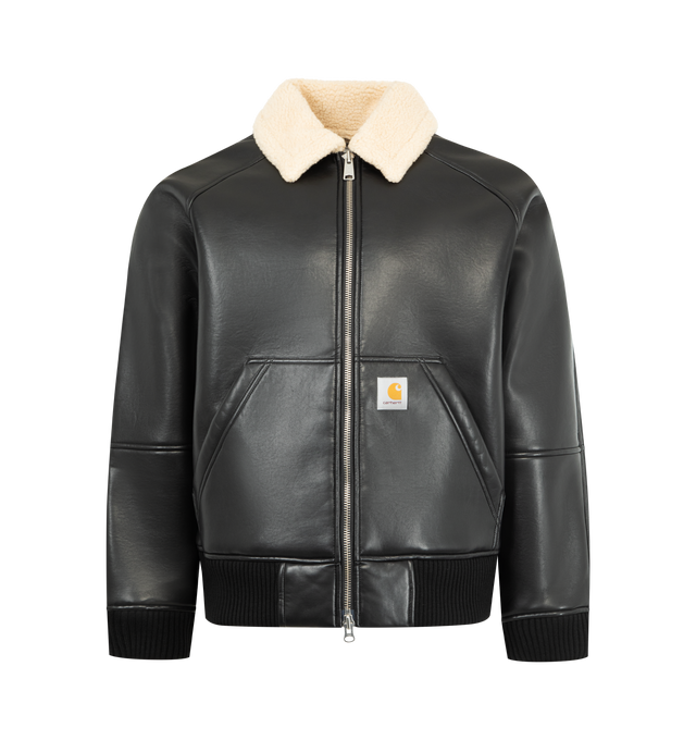 Image 1 of 3 - BLACK - CARHARTT WIP Shepton Jacket featuring two-way front zip closure, split kangaroo pocket, ribbed cuffs, fleece lining and faux leather fabric. 67% polyurethane, 33% viscose. Lining: 100% polyester. Made in Cambodia.