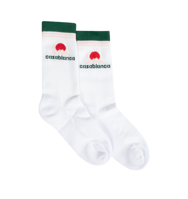 Image 1 of 2 - WHITE - CASABLANCA Sport Socks featuring calf-high knit stretch cotton-blend, stripes at rib knit cuffs and jacquard logo at cuffs. 80% cotton, 17% polyamide, 3% elastane. Made in Italy.