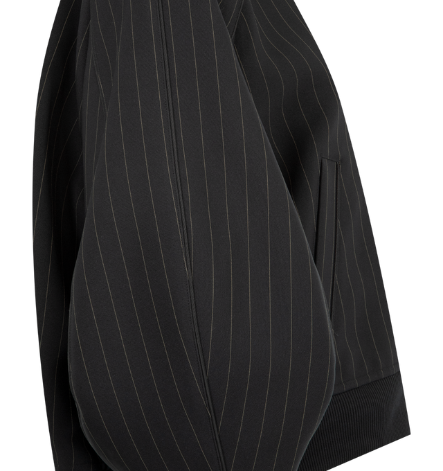 Image 3 of 3 - BLACK - SACAI Matelasse Twill Bomber Jacket featuring pinstripes throughout, stand collar, zip closure, welt pockets at waist, rib-knit hem, raglan sleeves and fully lined. 99% polyester, 1% rayon. Lining: 100% polyester. Made in Japan.