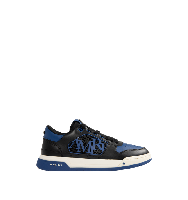 Image 1 of 5 - BLUE - AMIRI Classic Low Sneakers featuring low-top, buffed leather, graphic perforated detailing throughout, logo bonded at padded tongue, padded collar, rubberized logo appliqu at sides, logo bonded at heel counter and treaded rubber sole. Upper: leather. Sole: rubber.