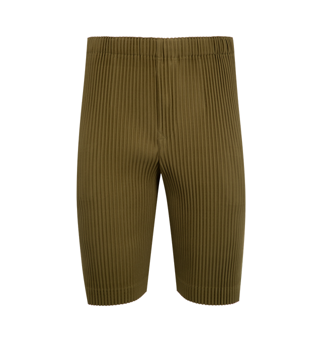 Image 1 of 3 - GREEN - ISSEY MIYAKE Color Shorts featuring relaxed-fit, pleated polyester, concealed drawstring at elasticized waistband, two-pocket styling and button-fly. 100% polyester. Made in Japan.