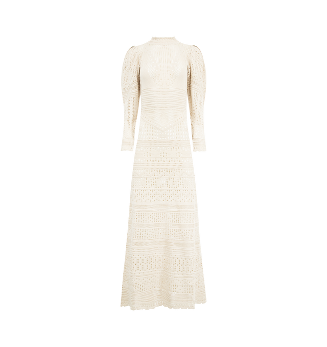 Image 1 of 2 - WHITE - ISABEL MARANT Dione Dress featuring maxi length, an open-knit construction with long sleeves, buttoned back closure and a cinched waist. 45% cotton, 30% viscose, 25% paper.