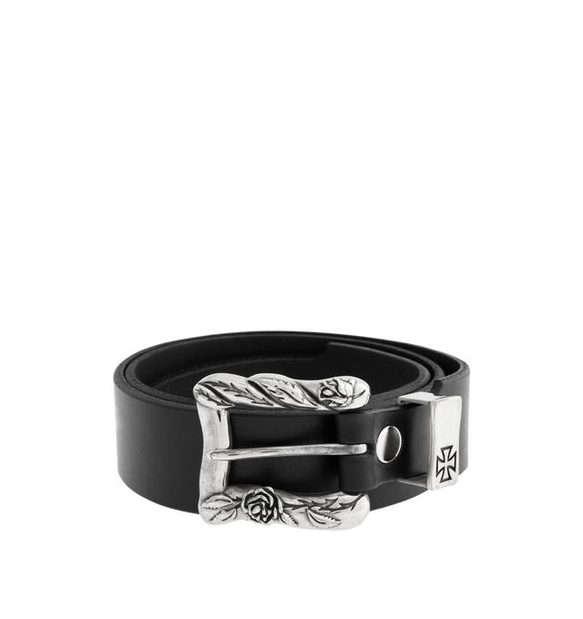 Image 1 of 3 - BLACK - ENFANTS RICHES DEPRIMES Classic Rose Buckle Belt featuring premium black leather, an ornate antique silver buckle engraved with roses and thorns, and ERDs gothic logo detailing. 100% cow leather.