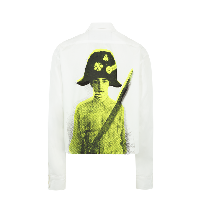 Image 2 of 2 - WHITE - LIBERTINE Paix Silk Screen Classic Shirt featuring relaxed fit, cropped hem, front button closure, buttoned cuffs and graphic on back and sleeves. 100% cotton. Made in USA.