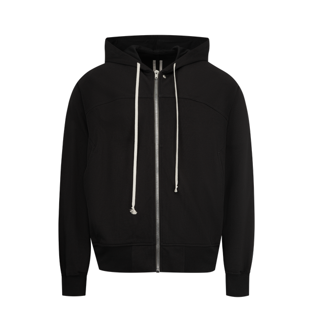 Image 1 of 3 - BLACK - RICK OWENS Windbreaker Hoodie featuring heavyweight GOTS-certified organic cotton jersey hoodie, drawstring at hood, press-stud at zip closure, seam pockets at front, rib-knit hem and cuffs, yoke sleeves, central seam at back and logo-engraved silver-tone hardware. 100% cotton. Made in Italy.