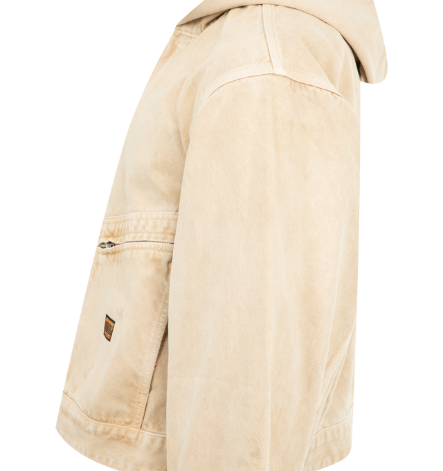 Image 3 of 4 - NEUTRAL - BALENCIAGA Cropped Hooded Workwear Jacket featuring organic cotton denim, hood, front zipper and snap closure and 2 zipped patch pockets at front. 100% cotton. Made in Italy.