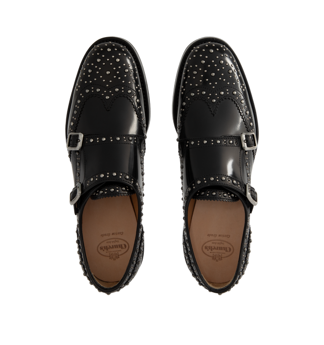 Image 4 of 4 - BLACK - CHURCH'S Lana Met Shoe featuring full brogue double monk strap, calf leather with polished binder finish, silver-tone buckles, stud detailing and diamond rubber sole.