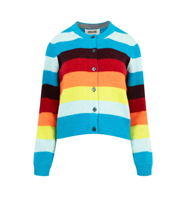 Image 1 of 2 - MULTI - CHRISTOPHER JOHN ROGERS Striped Cropped Cardigan featuring crew neckline, button front, long sleeves, regular fit, stripes throughout and ribbed finish