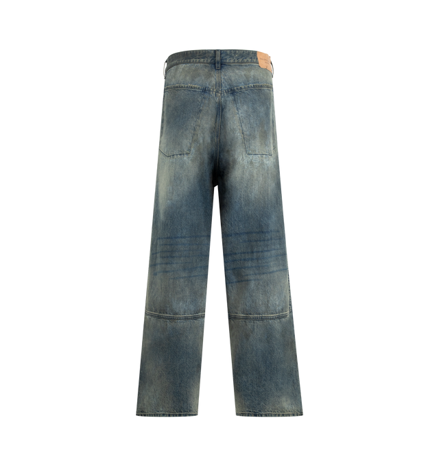 Image 2 of 4 - GREY - BALENCIAGA Minimal Baggy Pants featuring cotton denim, washed and worn-out effect, mid-waist, covered zip fly, 5 belt loops, 3 front pockets, 2 back yokes with inside pockets, Balenciaga engraved flex button, Balenciaga Jeans patch at back and gothic denim artwork patch on left leg. 100% cotton. Made in Italy.