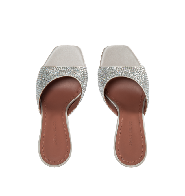 Image 4 of 4 - SILVER - AMINA MUADDI Lupita crystal suede mules featuring the iconic sculpted heel. 95mm heel. 100% leather. Made in Italy.  