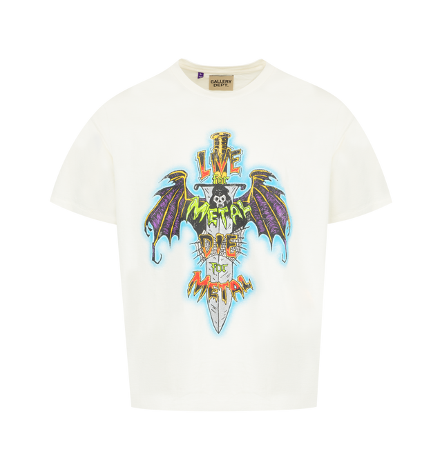 Image 1 of 2 - WHITE - GALLERY DEPT. Live For Metal Tee featuring graphic print on both the front and back, back graphic layered with GD ENGLISH logotype rendered in gold glitter, relaxed 90's fit, short sleeves and crew neck. 100% cotton. Made in USA.