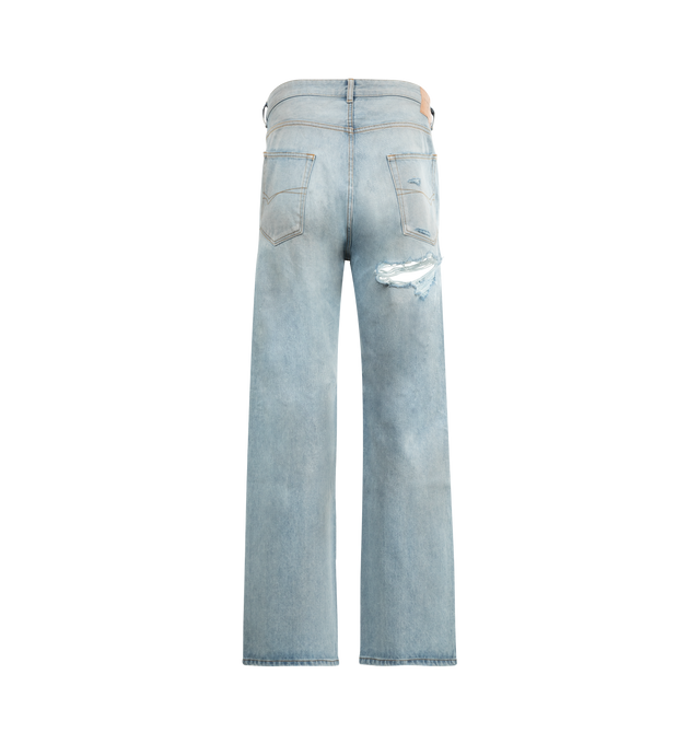 Image 2 of 3 - BLUE - BALENCIAGA Distressed Relaxed Fit Pants featuring cotton denim, dirty details, worn-out details, mid-waist, covered zip fly, 5 pockets, 5 belt loops, Balenciaga engraved flex button and Balenciaga Jeans patch at back. 100% cotton. Made in Italy.
