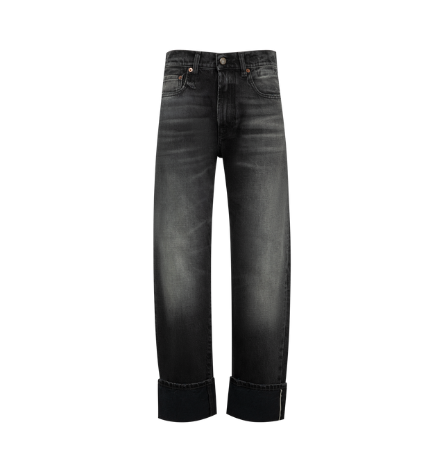 Image 1 of 3 - BLACK - R13 Womens Boyfriend Jeans are crafted from mid-weight Japanese rigid denim. Feature a straight-leg boyfriend fit, black washed finish, distressed abrasions, destroyed hem, and classic five-pocket construction. Main Material: 100% Cotton. Made in Italy.