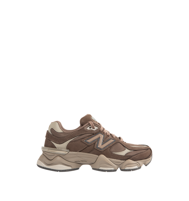 Image 1 of 5 - BROWN - NEW BALANCE 9060 Sneaker featuring dual-density midsole, ABZORB and SBS cushioning, tongue logo inspired by original 991 lace jewel, translucent CR device at heeland diamond outsole pattern inspired by classic 860 design. Mesh upper with suede overlays.