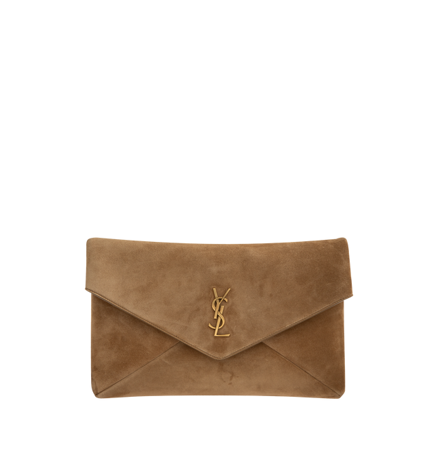 Image 1 of 3 - BROWN - SAINT LAURENT Large Envelope Pouch featuring leather lining, bronze-tone hardware and magnetic snap closure. 11.6" x 7.1" x 1.8". 90% calfskin, 10% metal. Made in Italy.