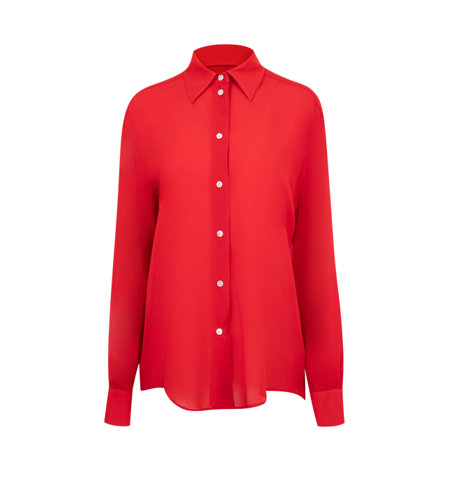 Image 1 of 2 - RED - The Row Elia Shirt has a classic collar, an exposed button placket, classic French seams, and button cuffs. 91% silk, 9% elastane. Made in Italy.
