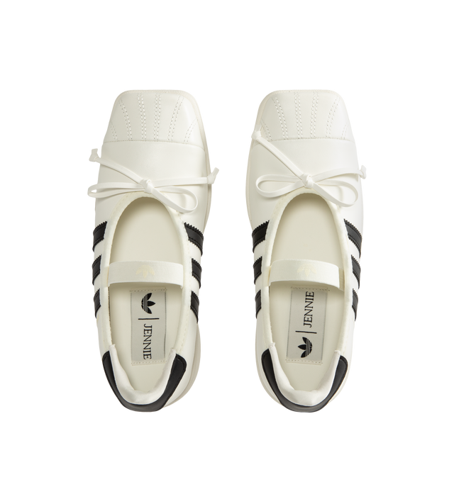 Image 6 of 6 - WHITE - Adidas Women's Jennie Superstar SQ Ballet Shoes are crafted from leather and feature a low-cut silhouette, a squared shell toe, and an elastic closure for easy entry and a secure fit. Finished with a textile sockliner, signature 3-Stripes, Trefoil branding, Jennie co-branding details, and includes optional shoelaces for customization. Main Material: Leather.