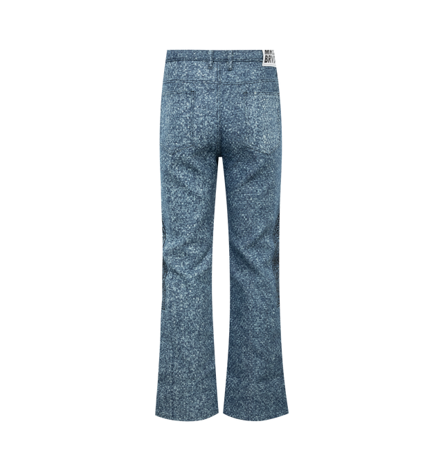Image 2 of 3 - BLUE - WHO DECIDES WAR Trucker Jeans featuring basket-woven non-stretch denim, belt loops, five-pocket styling, zip-fly, logo graphic embroidered at outseams, leather logo patch at back waistband and contrast stitching in black. 100% cotton. Made in China. 