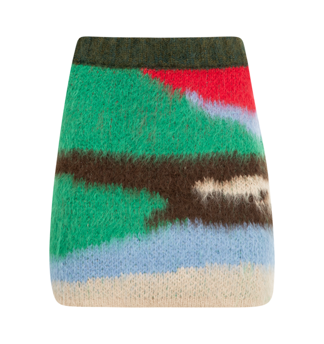 Image 1 of 2 - MULTI - THE ELDER STATESMAN Topo Jacquard Skirt featuring pull-on styling with elastic waistband, fuzzy knit fabric and mini length. 74% suri alpaca, 22% wool, 4% polyamide. Made in Peru.
