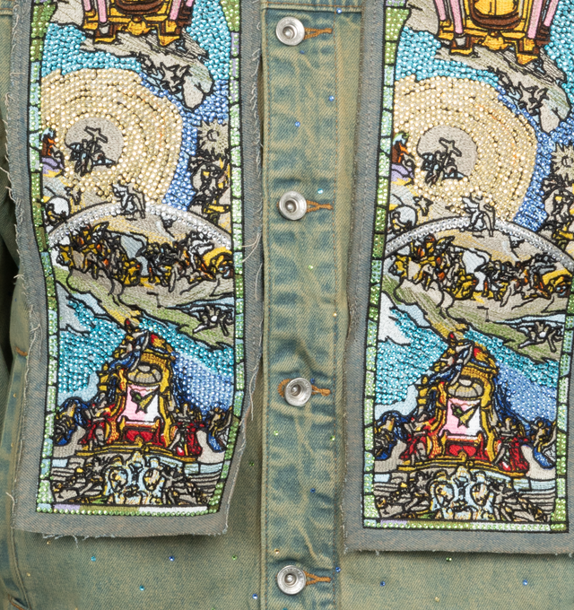 Image 4 of 4 - BLUE - WHO DECIDES WAR Unfurled Denim Jacket featuring traditional fit with stained glass embroidery and rhinestone appliqus throughout. 100% cotton. 