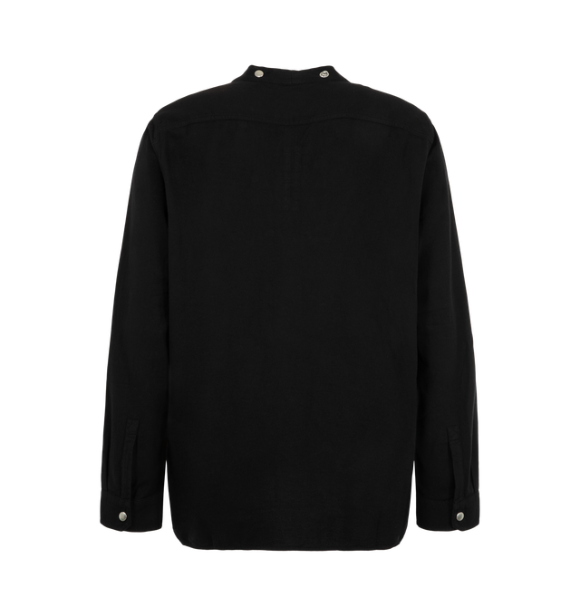 Image 2 of 2 - BLACK - Rick Owens DRKSHDW Men's Larry Shirt is crafted from cotton canvas and features the brand's signature deep V-neck silhouette, long sleeves, and a snap-button front closure. Designed with a structured canvas texture, buttoned cuffs, and silver-tone hardware, this distinctive style combines utilitarian detailing with Rick Owens' avant-garde aesthetic. Main Material: 100% Cotton. Made in Italy.