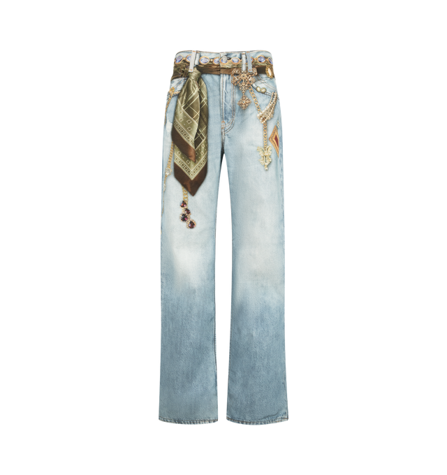 Image 1 of 3 - BLUE - Acne Studios Women's 'Trompe-Loeil Jewellery' Print Jeans are crafted from ready-to-dye cotton canvas with a softly brushed finish and feature a seasonal trompe-l'il print depicting a knotted scarf and jewelry. Designed with a regular-fit silhouette, these statement jeans are cut with a low-rise waist, straight leg, and long length for an effortless, relaxed look. Main Material: 100% Cotton. Fit: Regular. Rise: Low Waist. Leg: Straight. Length: Long. Closure: Button Fly. Pockets: Five-