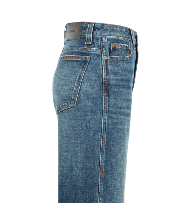 Image 3 of 3 - BLUE - Khaite Women's Wide-Leg Jean is crafted from stretch indigo denim and features a high-rise waist, classic five-pocket styling, and a wide-leg silhouette with a refined flare below the knee. Designed to visually elongate the legs, this modern denim style combines tailored proportions with everyday versatility. Main Material: 98% Cotton, 2% Polyurethane. Made in USA.