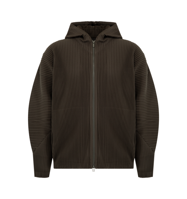 Image 1 of 3 - BROWN - Issey Miyake Mens Zip-Up Hoodie is crafted from lightweight polyester. Features a hood, double-zip front closure, side pockets, collar loop, and quick-drying fabric with a light-reactive finish that creates a dimensional appearance. Main Material: 100% Polyester. Made in Japan.