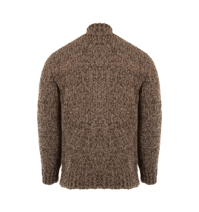 Image 2 of 3 - BROWN - MONCLER Wool & Alpaca Zip-Up Cardigan featuring a wool and alpaca blend, turtleneck silhouette, stockinette stitch, gauge 3, zipper closure and leather logo patch. 52% alpaca, 47% wool, 1% polyamide/nylon. Made in Bulgaria.