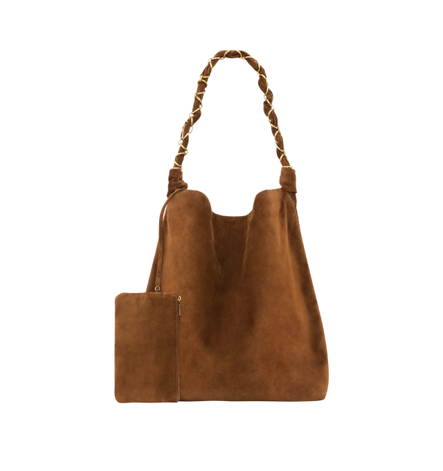 Image 2 of 3 - BROWN - SAINT LAURENT Amalia Hobo Bag featuring suede bag, a woven jewelry chain, cotton lining and bronze-tone hardware. 16.5" x 19.7" x 0.4". Calfskin. Made in Italy.
