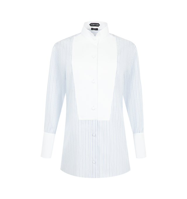 Image 1 of 2 - BLUE - Tom Ford Womens Striped Cotton Tuxedo Shirt is crafted from lightweight cotton voile and features a structured self-lined plastron front, wing-tip collar, piqu bib, covered piqu button-front closure, barrel cuffs, mother-of-pearl button detailing, a back yoke, and concealed elasticized cuffs for added comfort. This designer cotton dress shirt combines classic tuxedo-inspired tailoring with refined craftsmanship for elevated formal and everyday styling. Main Material: 100% Cotton; Butto