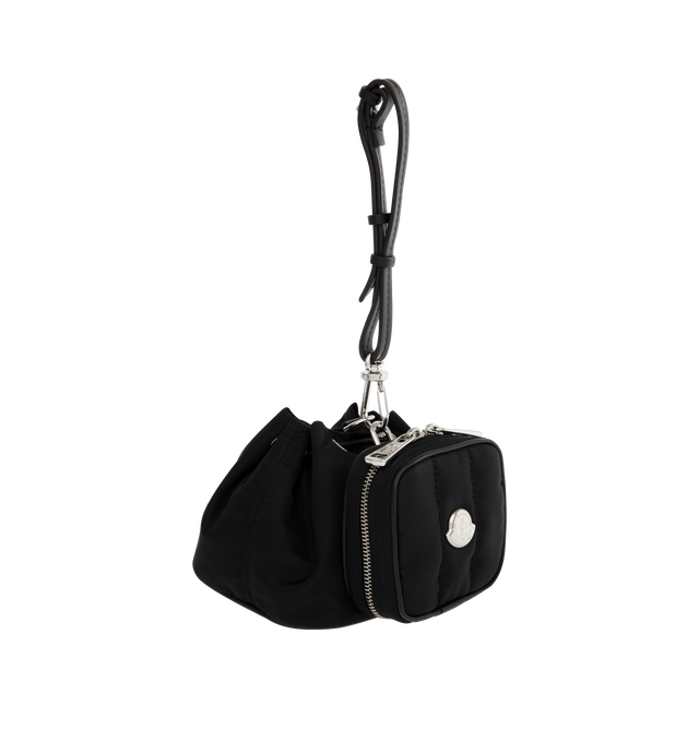 Image 2 of 3 - BLACK - MONCLER Double Pouch featuring nylon drill, cotton drill lining, mini zipped pouch, mini pouch with drawstring closure, leather wrist strap and metal logo. H 7.5 cm x L 7.5 cm x D 2 cm and H 11 cm x L 8 cm x D 8 cm. 100% polyamide/nylon. Made in Italy.