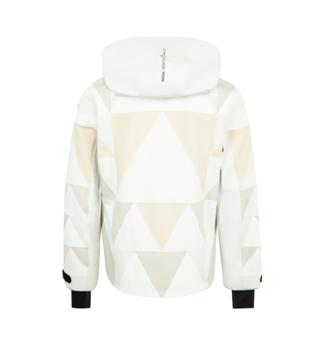 Image 2 of 3 - WHITE - MONCLER GRENOBLE Valserine GORE-TEX Laminate Patchwork Ski Jacket featuring technical quilted in 2L GORE-TEX laminate canvas, 4-way 2L stretch nylon, 2L stretch Dermizax intarsia, heat-sealed seams, adjustable hood with visor, YKK AquaGuard Highly Water Resistant zipper closure, pockets with YKK AquaGuard Highly Water Resistant zipper closure, RECCO reflector, adjustable cuffs, stretch jersey wrist gaiters and logo details. 100% polyester.