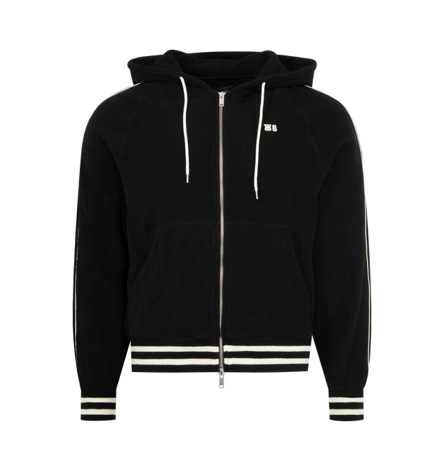 Image 1 of 3 - BLACK - WALES BONNER Prince Hoodie featuring ribbed cotton-blend terry, striped details and monogram embroidery on the front, two-way zipped closure, drawstring hood and slant pockets. 88% cotton, 12% polyamide. Made in Portugal.