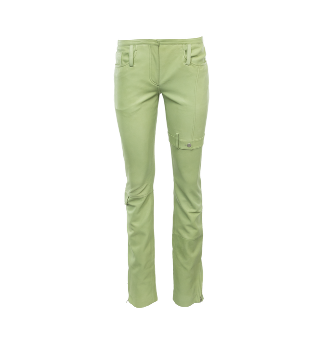 Image 1 of 4 - GREEN - Acne Studios Leather Trousers in a regular fit with a low waist, straight leg and long length. Crafted from leather with a 5-pocket construction. Featuring a deconstructed waistband and pocket details on the leg. Fully lined with Viscose. 