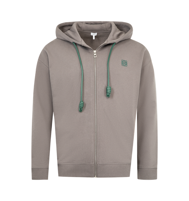 Image 1 of 2 - GREY - LOEWE Zip-Up Hoodie in medium-weight loopback cotton fleece featuring a hooded collar with Flamenco-inspired leather drawstrings, relaxed fit, regular length, zip front fastening, ribbed cuffs and hem and anagram embroidery placed on the chest. Cotton. Made in Portugal.