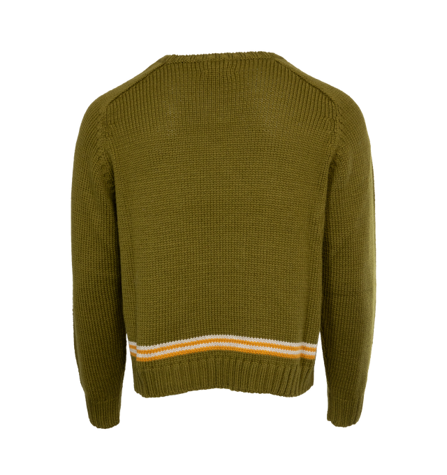 Image 2 of 3 - GREEN - BODE Cattle Sweater featuring knit wool, rib knit V-neck, hem, and cuffs, intarsia graphic at front, logo embroidered at front, stripes at hem and raglan sleeves. 100% wool. Made in Peru. 