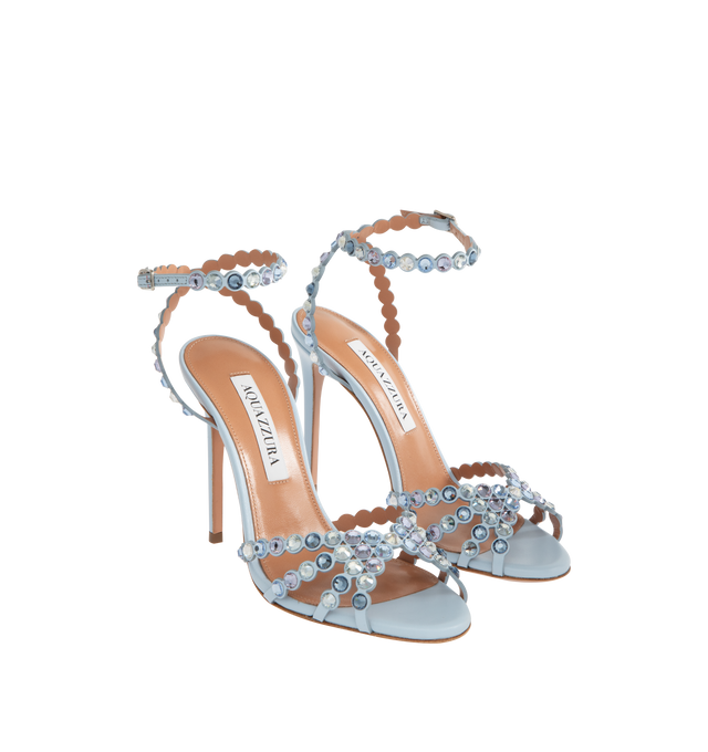 Image 2 of 4 - BLUE - AQUAZZURA Tequila Sandal 105 featuring adjustable buckle closure, stiletto heel, padded leather insole, crystals throughout and signature logo detailing. 105 mm. Made in Italy.