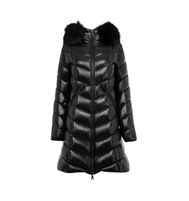 Image 1 of 2 - BLACK - MONCLER Fulmarus Faux Fur-Trimmed Hooded Long Down Jacket featuring nylon laqu lining, down-filled, hood with detachable faux fur trim, zipper closure, zipped pockets, elastic cuffs and logo. 100% polyamide/nylon. Padding: 90% down, 10% feather. Made in Armenia.