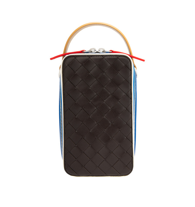 Image 1 of 3 - BLACK - Bottea Veneta Phone pouch in Intrecciato calf leather with handle and adjustable cross-body strap, featuring a colour block effect. Features one main compartment, one flat inside pocket, zipper closure, canvas lining, silver finish hardware. Measures 7.5" high X 4.3" wide X 1.6"deep with 1.8" handle drop, 21.7" strap drop. Made in Italy.