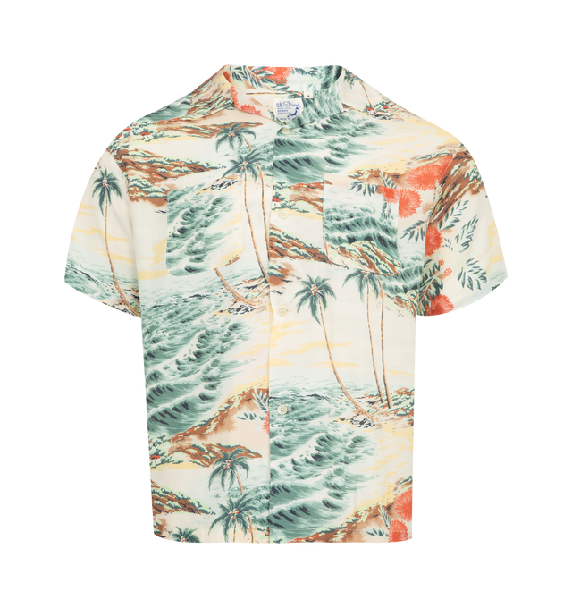 Image 1 of 2 - MULTI - ORSLOW Hawaiian Shirt featuring an all-over abstract Hawaiian print, relaxed, oversized fit, camp collar and curved hem. 100% rayon. Made in Japan.
