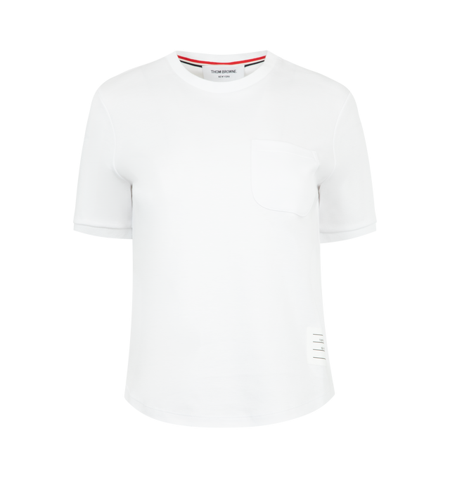 Image 1 of 3 - WHITE - THOM BROWNE Cotton Milano Tee featuring ribbed neckline and cuffs, patch chest pocket, curved stepped hem, name tag appliqu and signature striped grosgrain loop tab. 100% cotton. Made in Italy.
