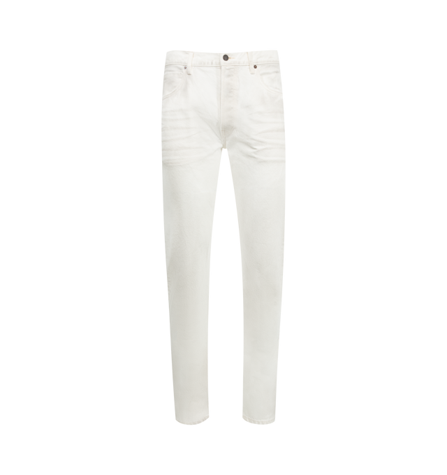 Image 1 of 3 - WHITE - SEEKINGS Signature Slim Denim featuring 3D whisker creasing, 5 pocket styling, button fly, high rise, slim leg, leather patch on back of waistband and engraved hardware. 100% cotton.