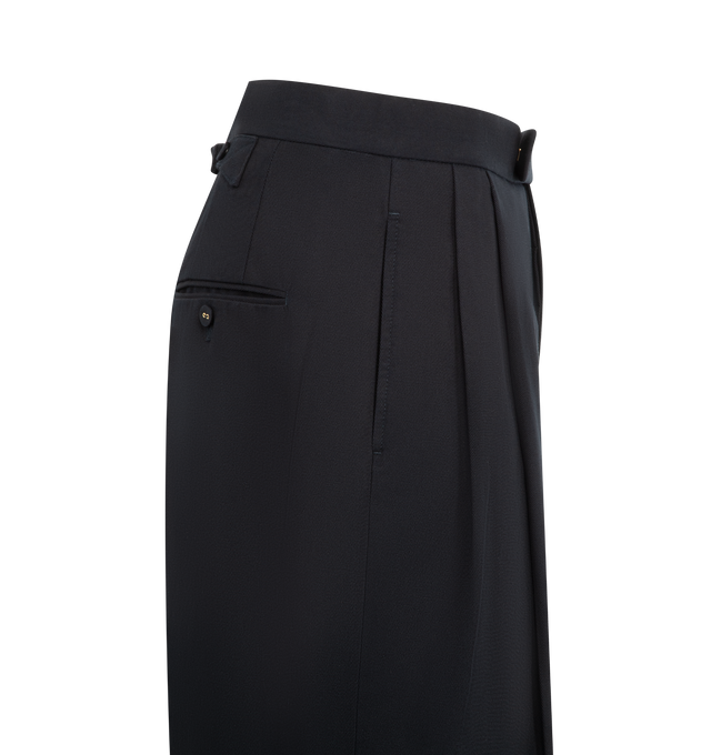 Image 3 of 3 - NAVY - THOM BROWNE Backstrap Double Pleat Trouser featuring high rise, tab front closure, slip side pockets, back welt pockets, front pleats, wide cuffs and adjustable buttoned backstrap. Made in Italy.