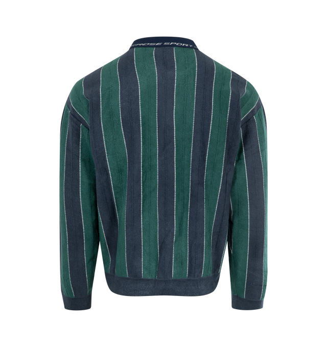 Image 2 of 2 - GREEN - MARTINE ROSE Sporty Logo Polo featuring regular fit, quarter-zip closure, spread collar, stripes throughout, logo on front and long sleeves. 65% viscose, 35% nylon. Made in Portugal.