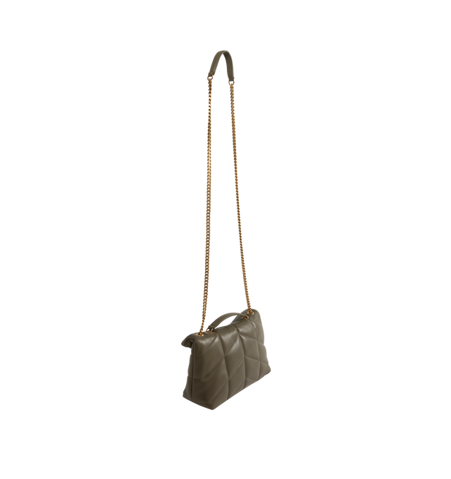 Image 3 of 4 - GREEN - SAINT LAURENT LouLou Puffer Toy Bag crafted from soft nappa lambskin with chevron quilting. Featuring magnetic snap tab, light bronze hardware, and a sliding 11.4 inch to 21.7 inch long chain strap suitable for use as a shoulder bag or cross-body. Interior features a zipped pocket, two card slots and grosgrain lining. Measures 9 X 6.1 X 3.3 inches. 100% lambskin. Made in Italy.