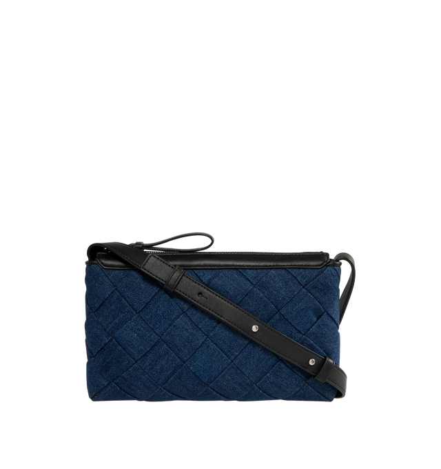 Image 1 of 3 - BLUE - BOTTEGA VENETA Zipped Messenger Bag featuring zipped cross-body bag in denim Intreccio with adjustable strap, single interior zipped pocket and two flat open pockets and zipper closure. 5.9" x 9.8" x 2". Strap drop: 19.7". Canvas. Made in Italy.