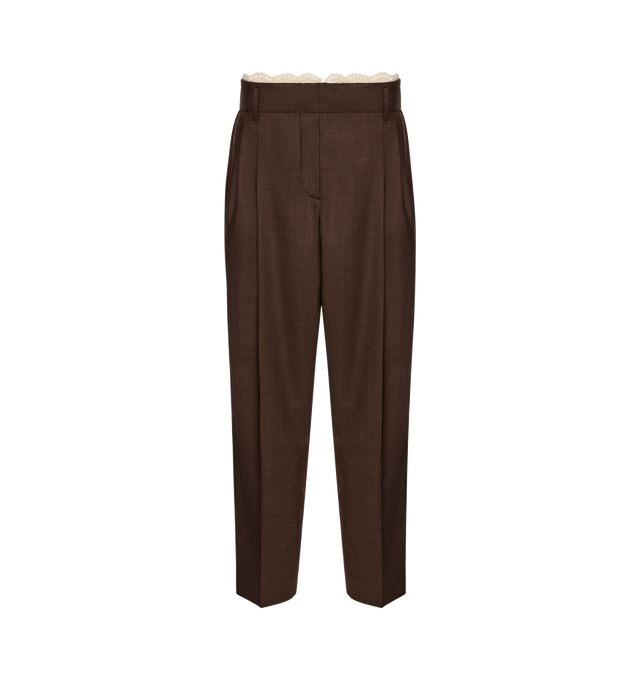 Image 1 of 2 - BROWN - MAGDA BUTRYM Lace-Detail Wool Tapered Trousers featuring a relaxed fit, a fabric belt at the waist and handmade lace crochet detailing at the waistline. 98% wool, 2% elastane. Lining: 100% silk.